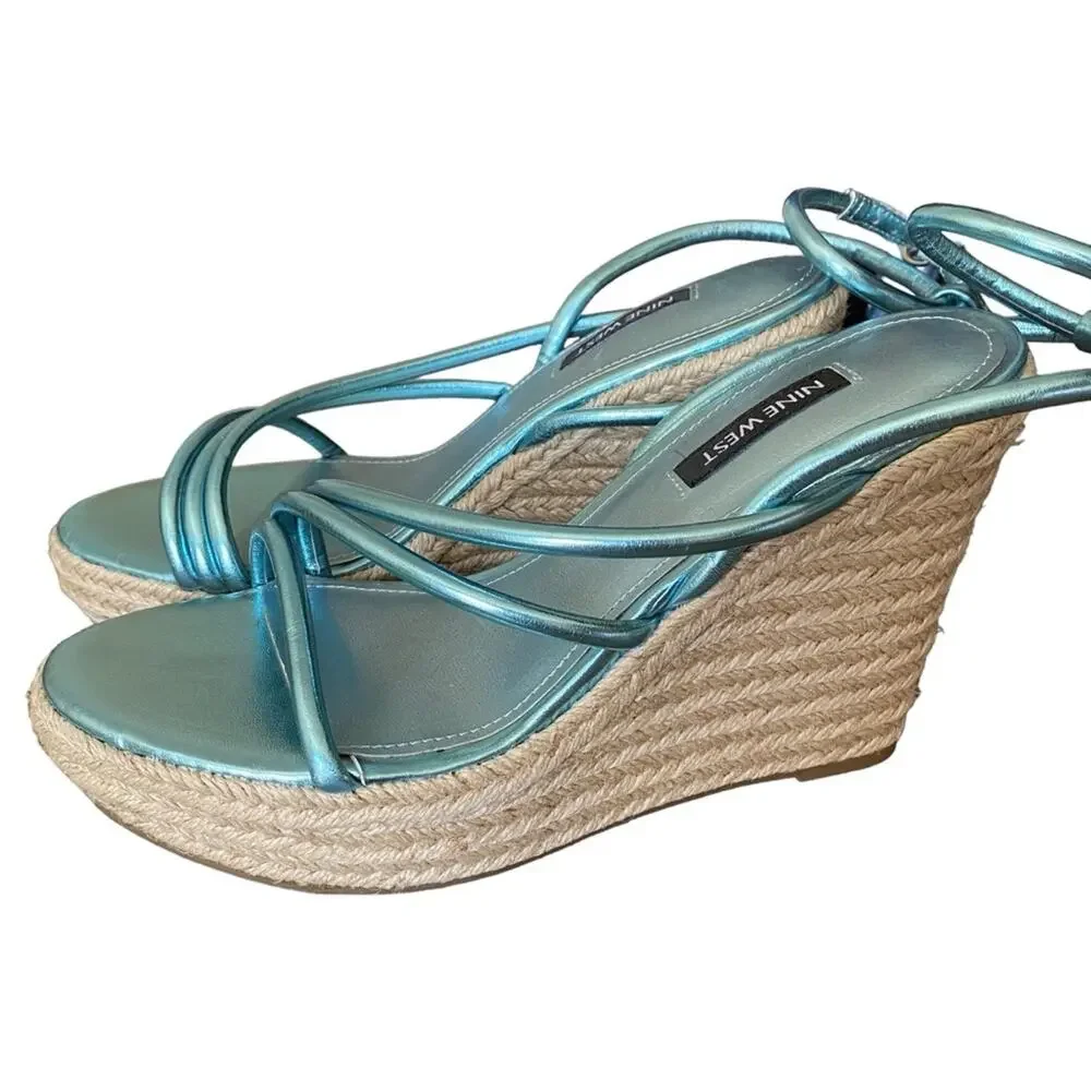 Nine West Hipsta3 Metallic Light Blue Wedge Sandals size 7.5 NWOB